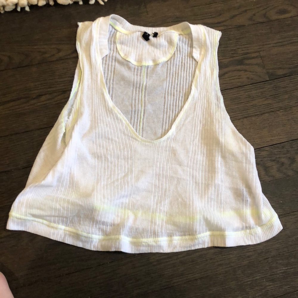 Out from under flowy top with yellow seams